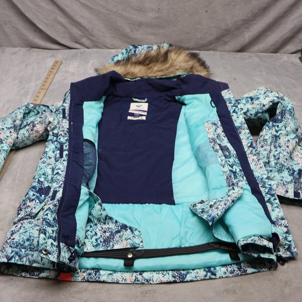 Roxy Jacket Womens XL Blue Floral Faux Fur Hood DryFlight Waterproof Full Zip
